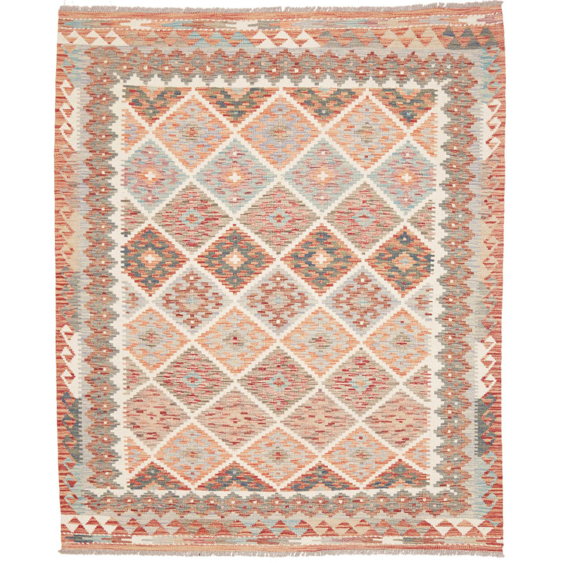 Tappeto Kilim Afghanistan Geometrico Terracotta Azzurro 157x