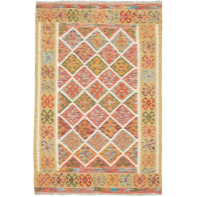 Tappeto Kilim Afghanistan Geometrico Multicolore Giallo 129x