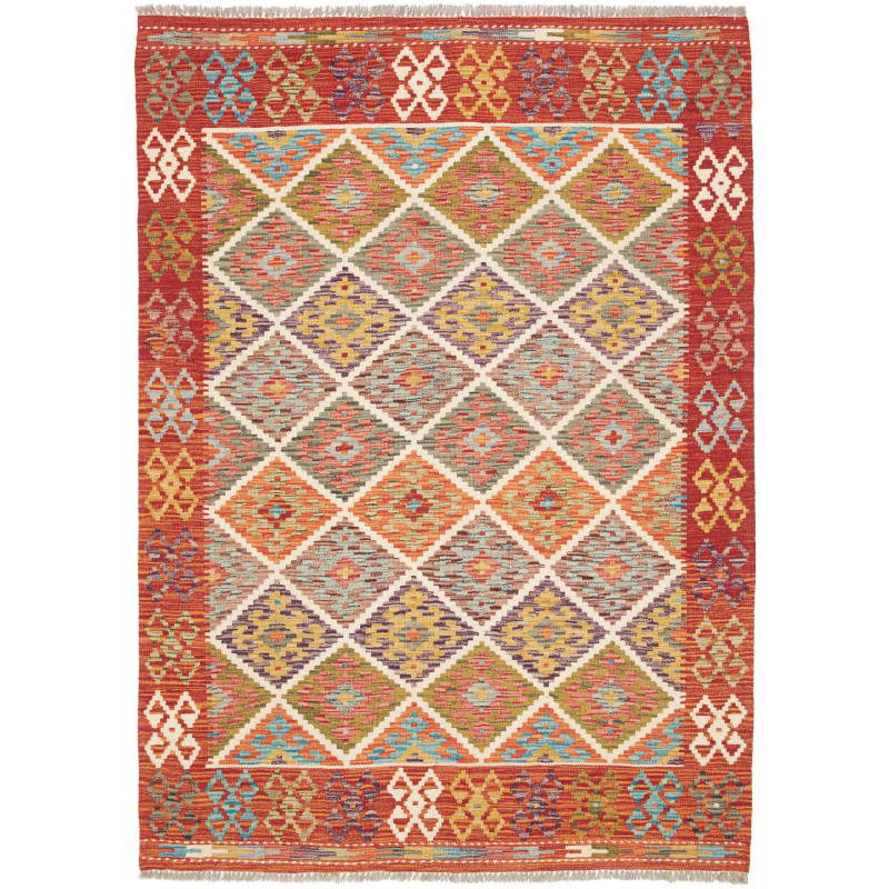 Tappeto Kilim Afghanistan Geometrico Rosso Multicolore 133x1