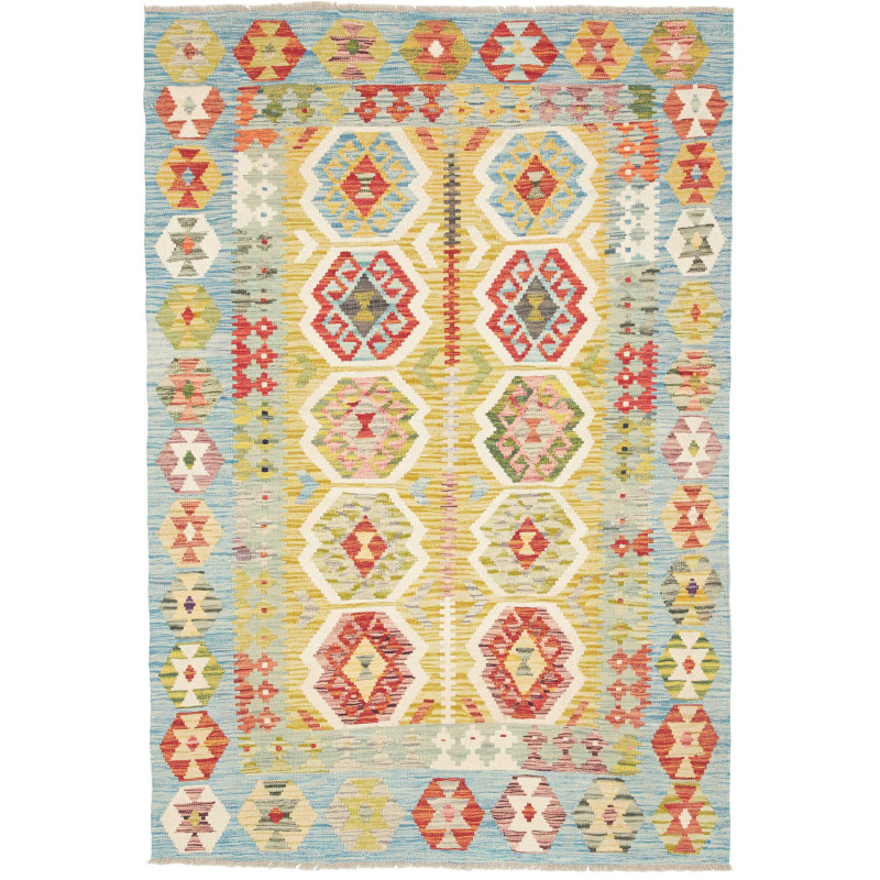 Tappeto Kilim Afghanistan Geometrico Giallo Azzurro 121x177