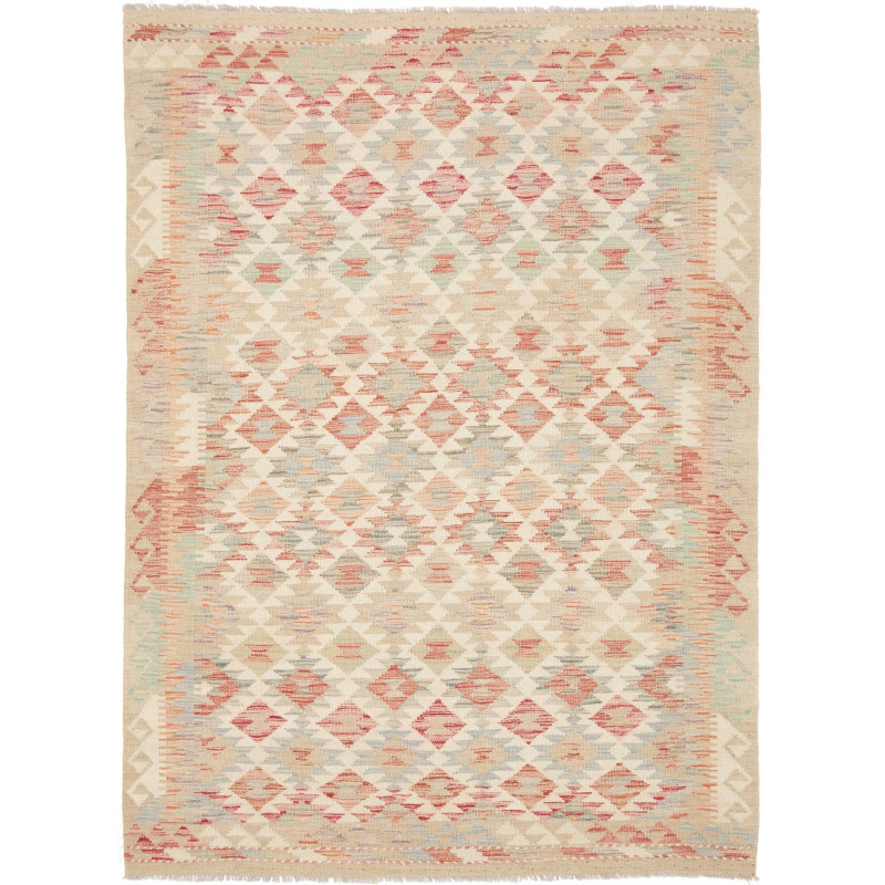 Tappeto Kilim Afghanistan Geometrico Crema Rosso 151x209 Cm