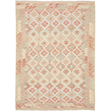 Tappeto Kilim Afghanistan Geometrico Crema Rosso 151x209 Cm