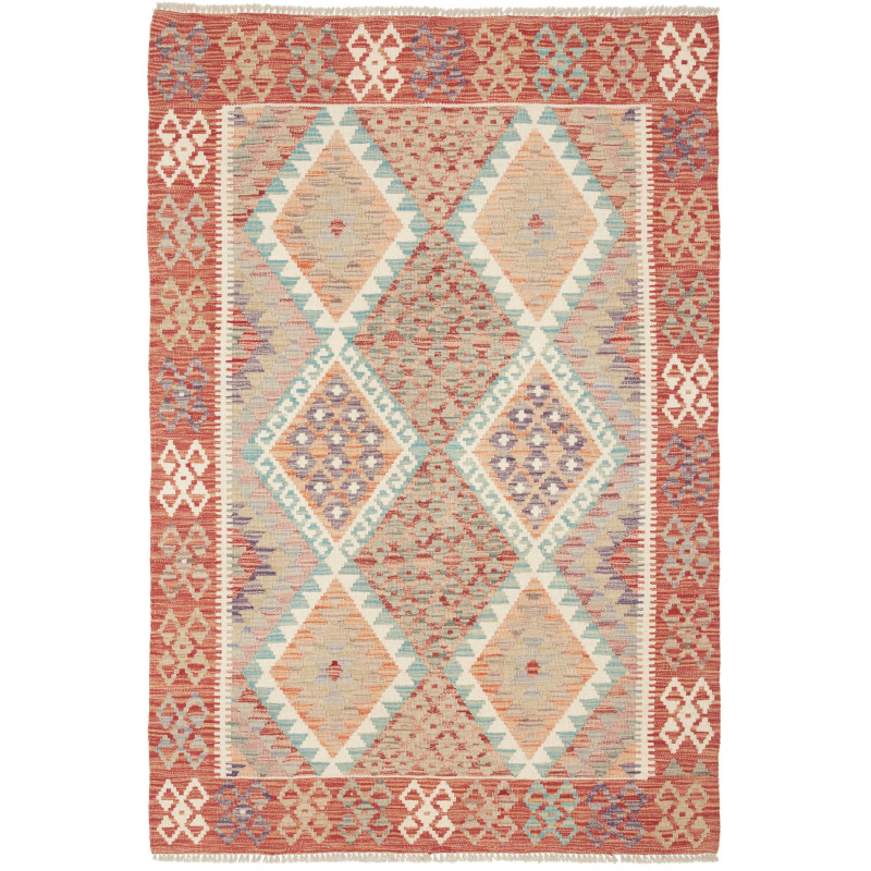 Tappeto Kilim Afghanistan Astratto Terracotta Azzurro 121x18