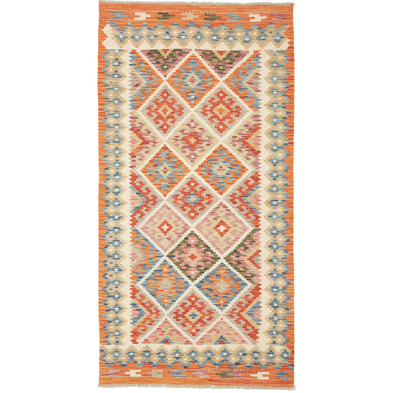 Tappeto Kilim Afghanistan Geometrico Arancio Azzurro 102x198