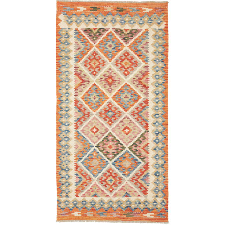 Tappeto Kilim Afghanistan Geometrico Arancio Azzurro 102x198