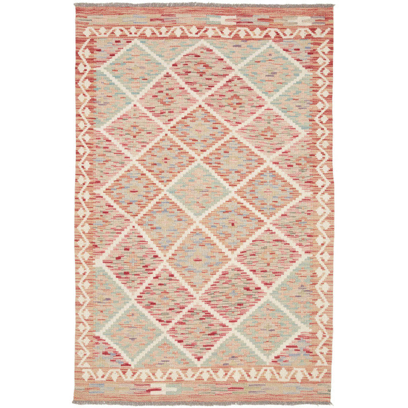Tappeto Kilim Afghanistan Geometrico Corallo Celeste 102x152