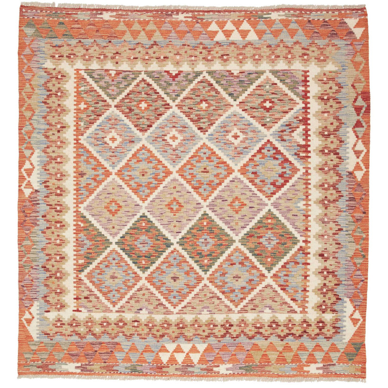 Tappeto Kilim Afghanistan Geometrico Arancio Blu 153x160 Cm