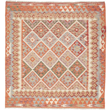 Tappeto Kilim Afghanistan Geometrico Arancio Blu 153x160 Cm