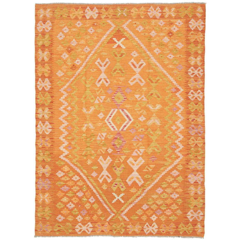 Tappeto Kilim Afghanistan Geometrico Arancione Giallo 129x17
