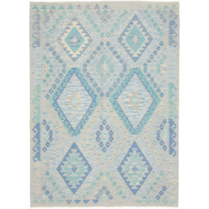Tappeto Kilim Afghanistan Geometrico Grigio Azzurro 132x181