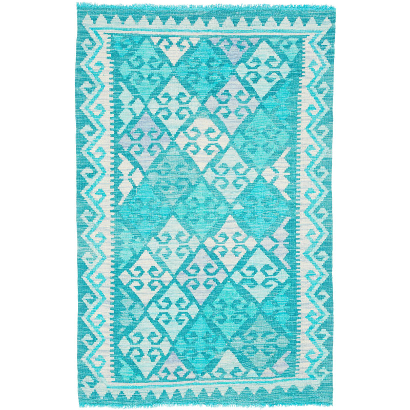 Tappeto Kilim Afghanistan Geometrico Turchese Crema 106x160