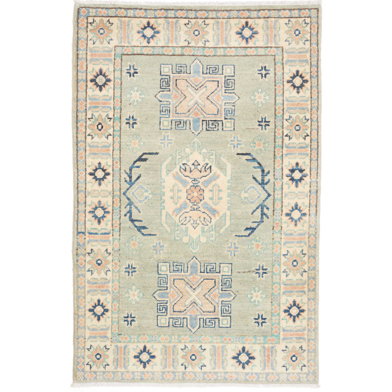 Tappeto Kazak Co Afgahnistan Verde Salvia Con Dettagli Crema