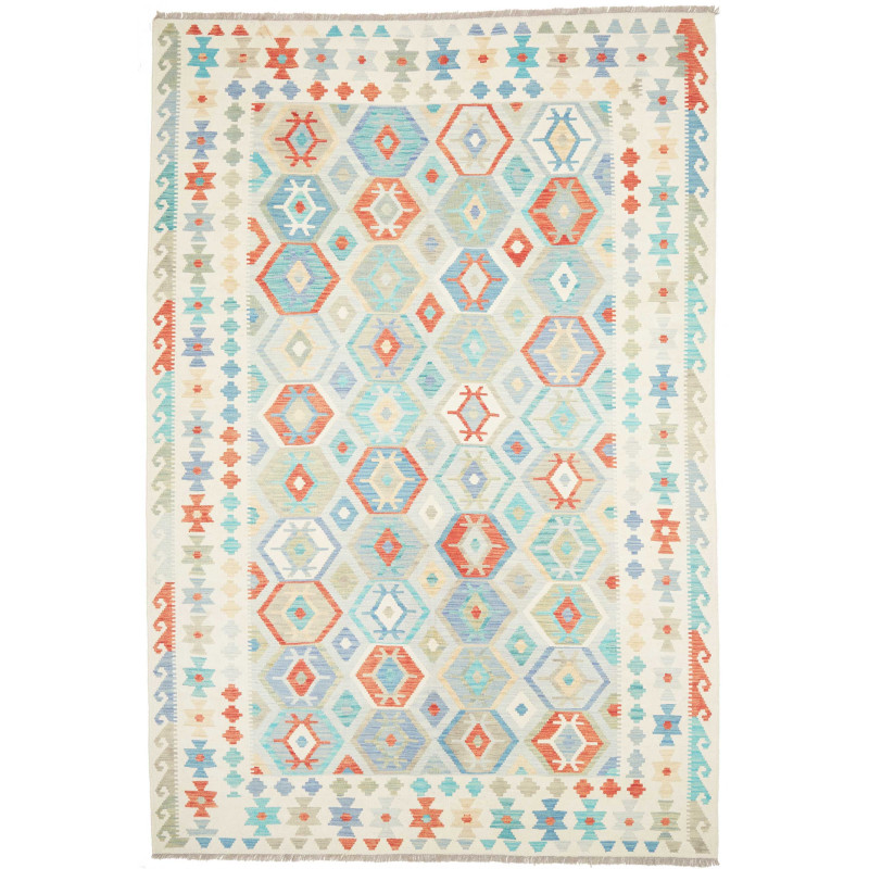 Tappeto Kilim Afghanistan Bianco Sporco Turchese 198x297 cm