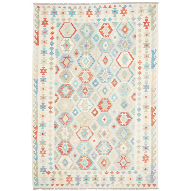 Tappeto Kilim Afghanistan Crema Azzurro 201x297 cm