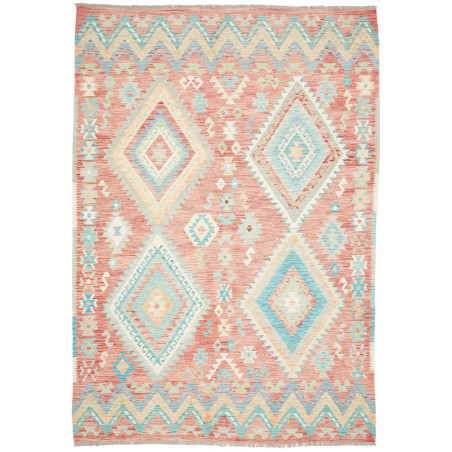 Tappeto Kilim Afghanistan Rosa Terracotta Azzurro 204x299 cm