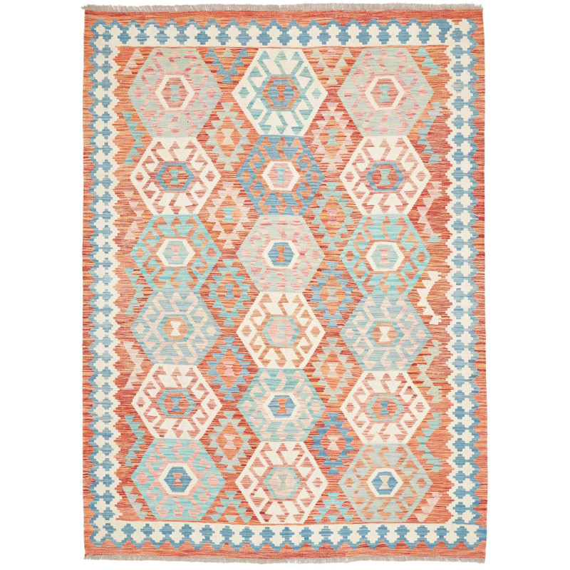 Tappeto Kilim Afghanistan Terracotta Blu Turchese 177x242 cm