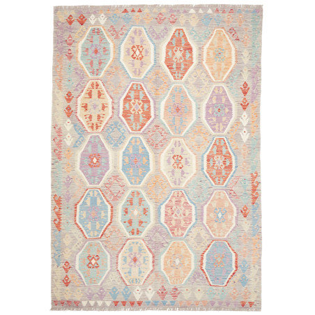 Tappeto Kilim Afghanistan Grigio Chiaro Corallo 202x298 cm