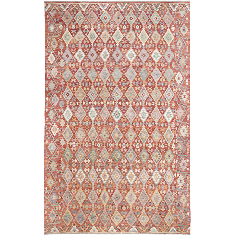 Tappeto Kilim Afghanistan Rosso Terracotta Blu Spento 304x49