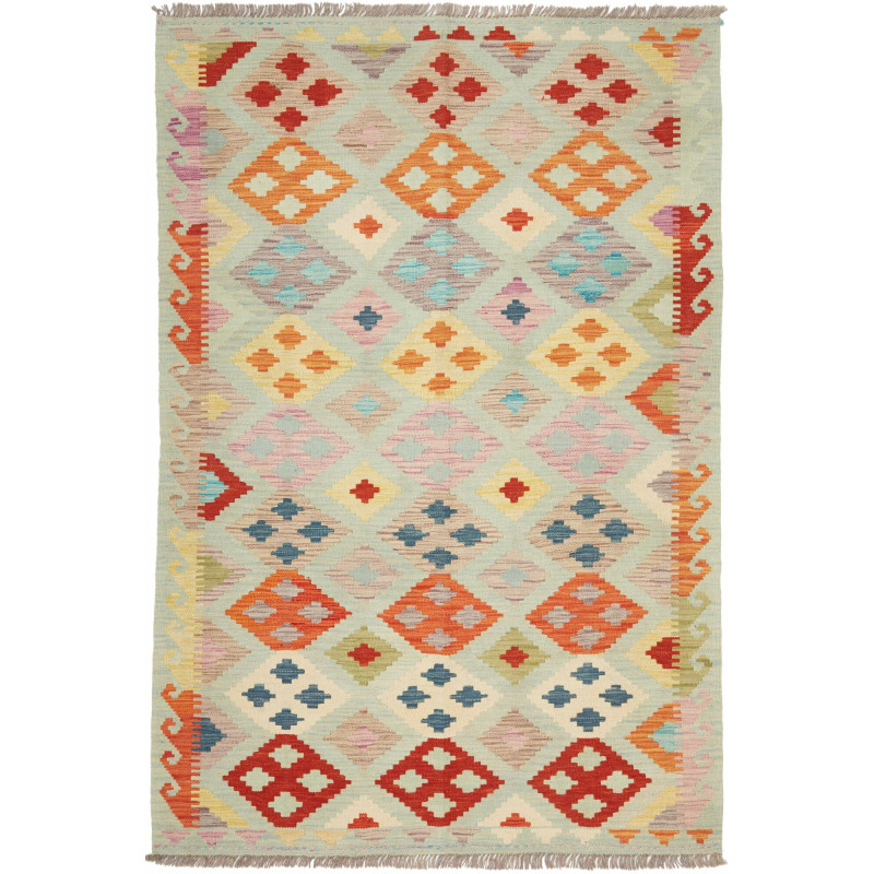 Tappeto Kilim Afghanistan Geometrico Verde Acqua Arancio 122