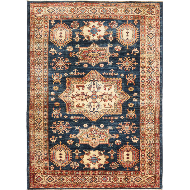 Tappeto Kazak Fine Pakistan Cornice Blu Profondo Crema 146x2
