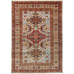 Tappeto Kazak Fine Pakistan Astratto Blu Cielo Rosso Rubino