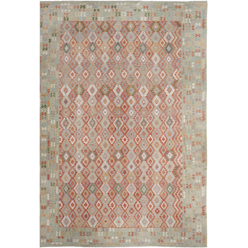 Tappeto Kilim Afghanistan Astratto Verde Salvia Arancione Te