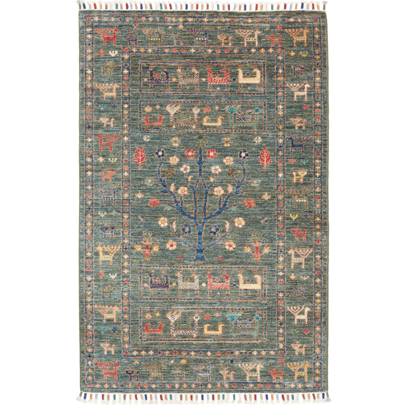 Tappeto Rubin Pakistan Geometrico Verde Petrolio Rosso Matto