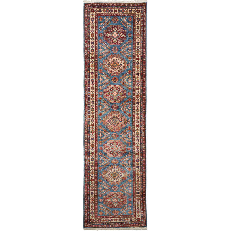 Tappeto Kazak Fine Pakistan Astratto Blu Petrolio Rosso Matt