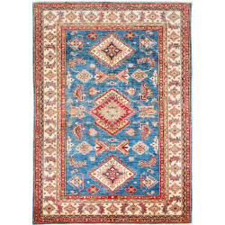 Tappeto Kazak Fine Pakistan Astratto Blu Rosso Crema Oro Mar