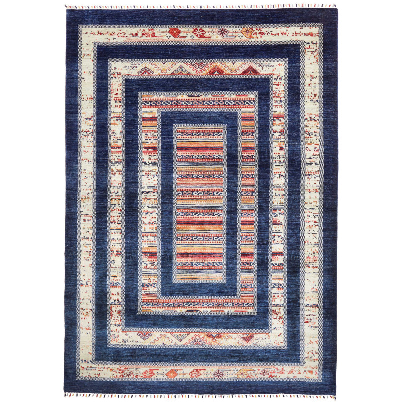 Tappeto Siva Pakistan Astratto Blu Navy Crema Rosso Arancio
