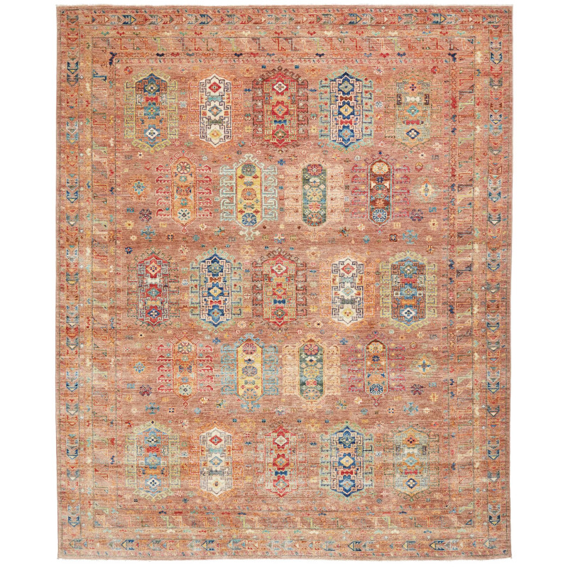 Tappeto Tribal Pakistan Cornice Terracotta Terra Multicolore