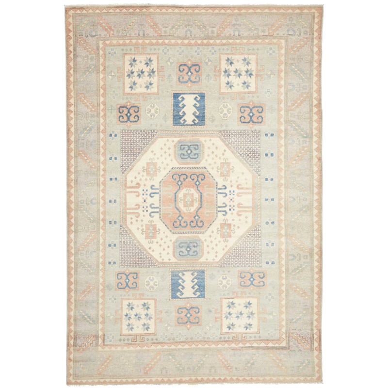 Tappeto Kazak Afghanistan Medaglione Verde Salvia Crema 206x