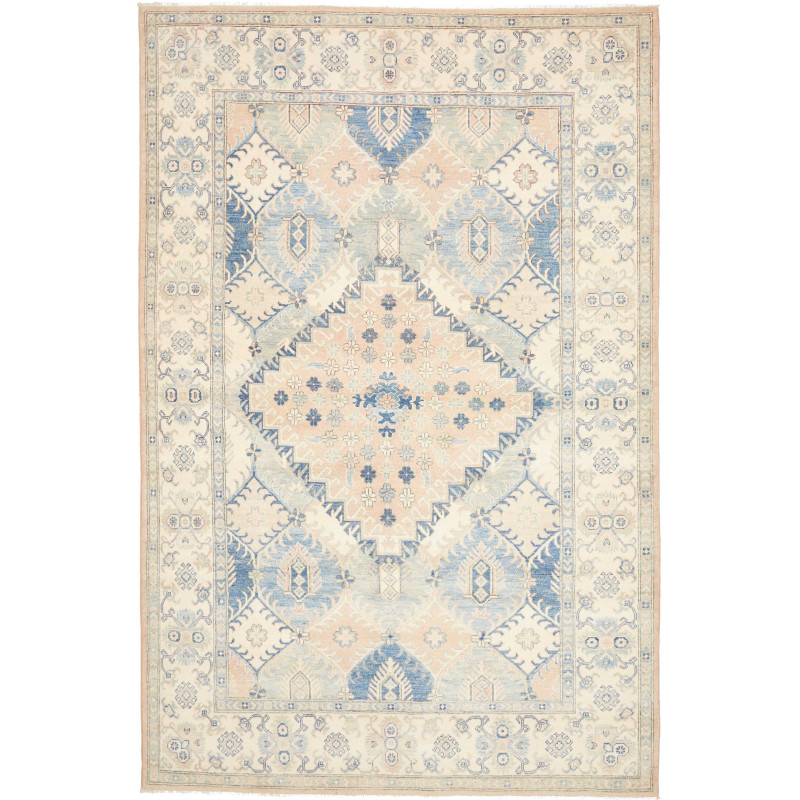 Tappeto Kazak Afghanistan Geometrico Crema Blu 198x301 cm