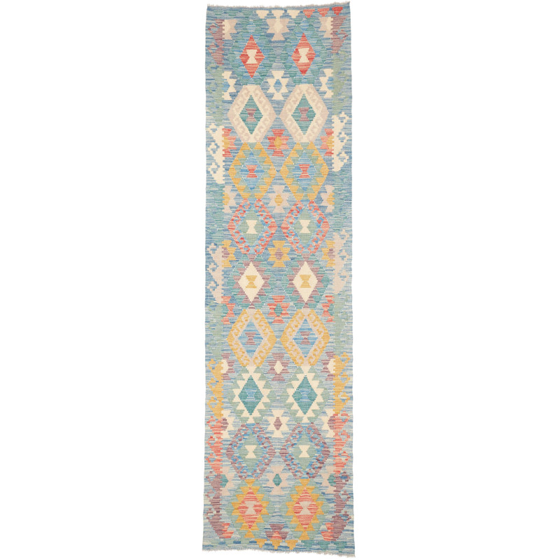 Tappeto Kilim Afghanistan Geometrico Blu Turchese Beige 76x2