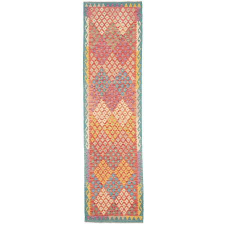 Tappeto Kilim Afghanistan Geometrico Rosso Corallo Azzurro 7