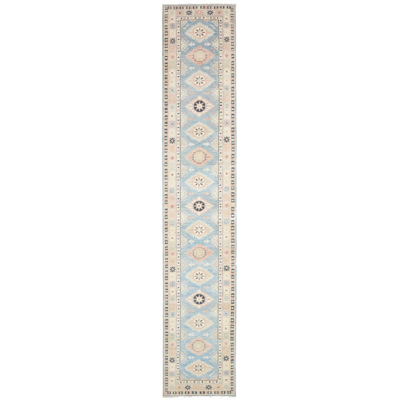Tappeto Kazak Afghanistan Geometrico Blu Cielo Crema 65x362