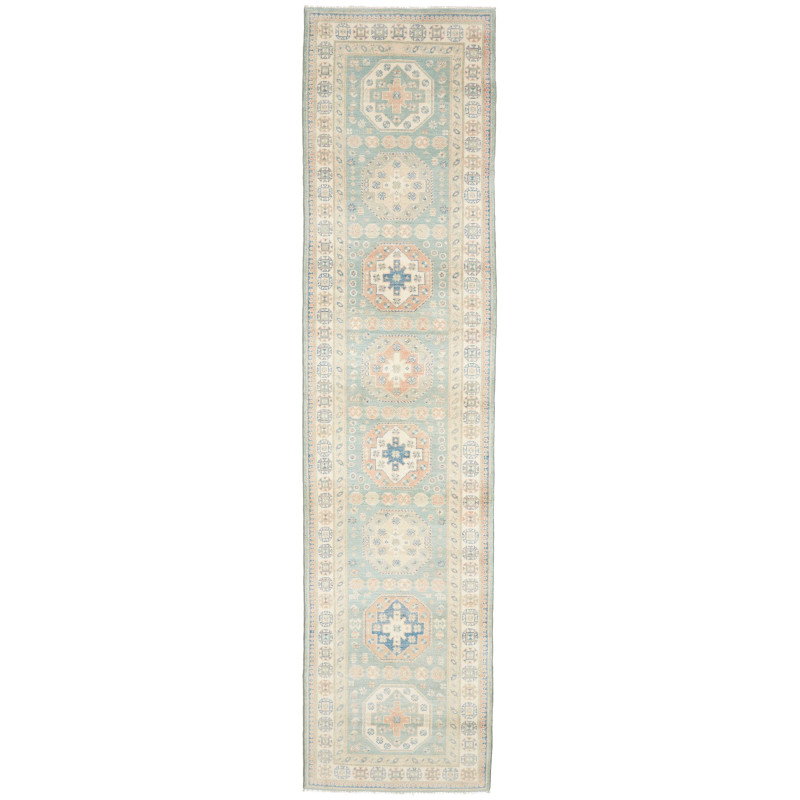 Tappeto Kazak Afghanistan Cornice Azzurro Tenue Crema 83x354