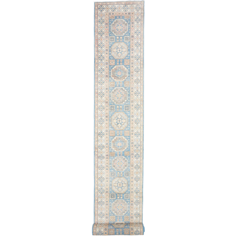 Tappeto Kazak Afghanistan Astratto Blu Cielo Crema 79x586 cm