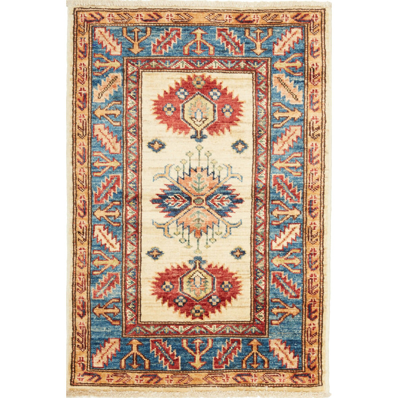Tappeto Kazak Fine Pakistan Astratto Crema Blu Rosso Ocra 62
