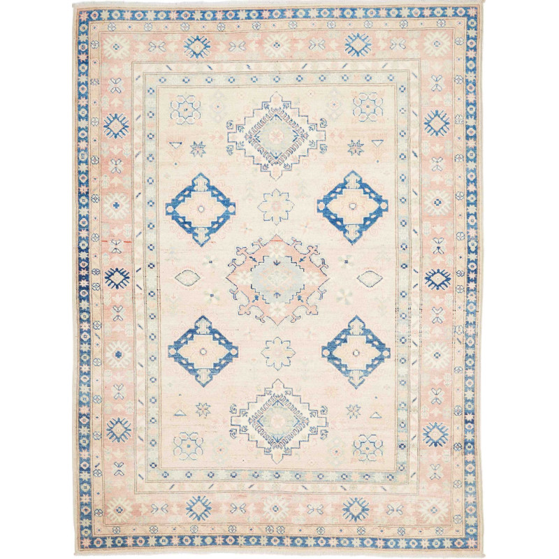 Tappeto Kazak Afghanistan Geometrico Avorio Blu Rosa 148x201