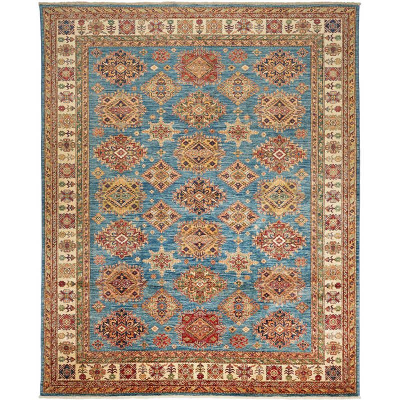 Tappeto Kazak Fine Pakistan Astratto Blu Ottanio Crema Beige