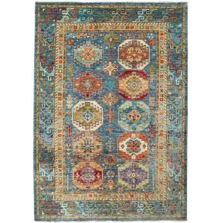 Tappeto Tribal Pakistan Astratto Blu Petrolio Beige Oro Ross