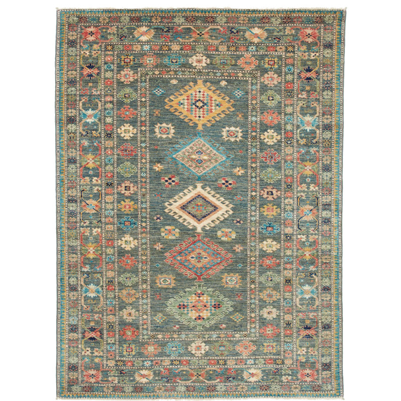 Tappeto Kazak Fine Pakistan Astratto Blu Petrolio Corallo Gi