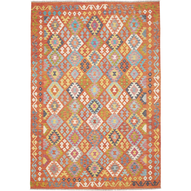 Tappeto Kilim Afghanistan Geometrico Rosso Arancio Turchese