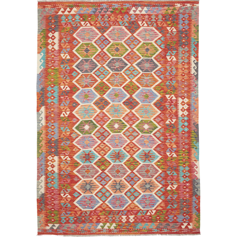 Tappeto Kilim Afghanistan Geometrico Rosso Terracotta Multic