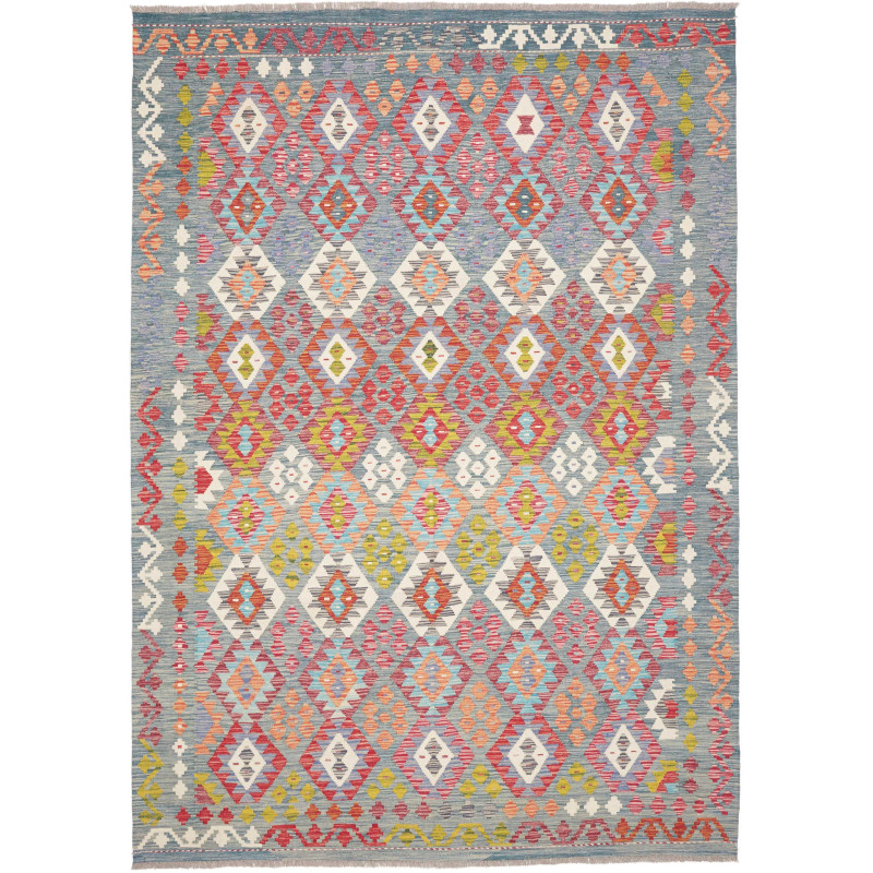 Tappeto Kilim Afghanistan Tribale Grigio Blu Astratto Rosso
