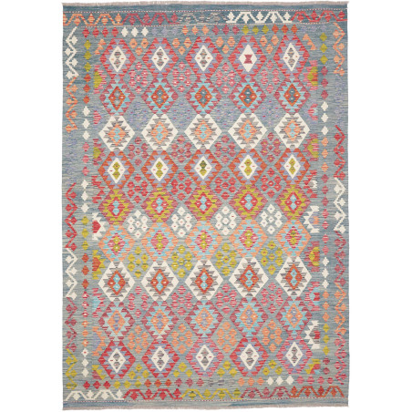 Tappeto Kilim Afghanistan Tribale Grigio Blu Astratto Rosso