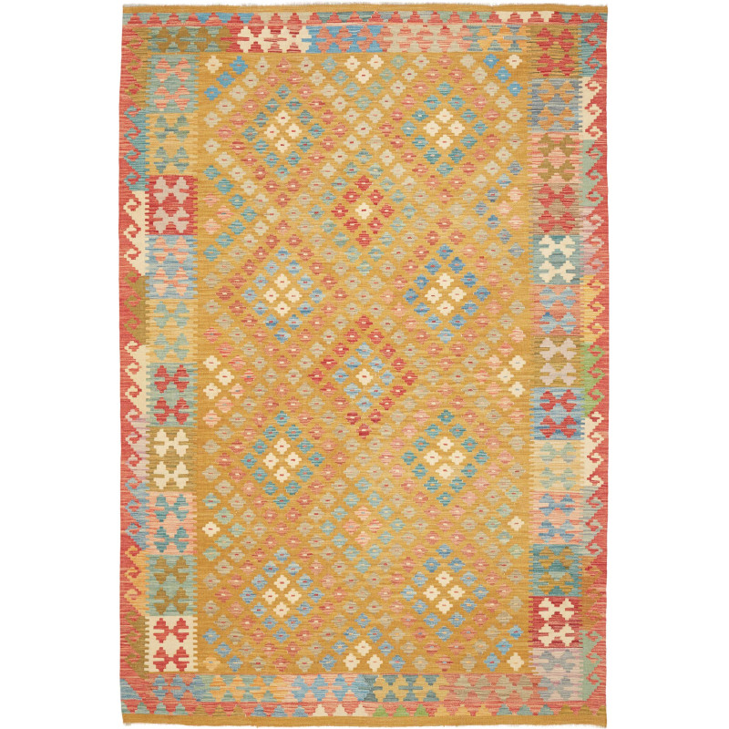 Tappeto Kilim Afghanistan Tribale Giallo Senape Rosso Corall