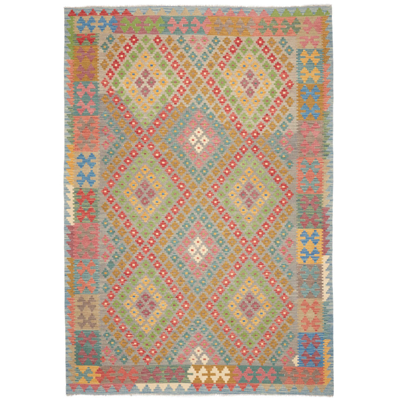 Tappeto Kilim Afghanistan Astratto Blu Grigio Verde Pastello