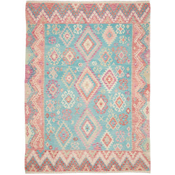 Tappeto Kilim Afghanistan Geometrico Azzurro Corallo Bianco
